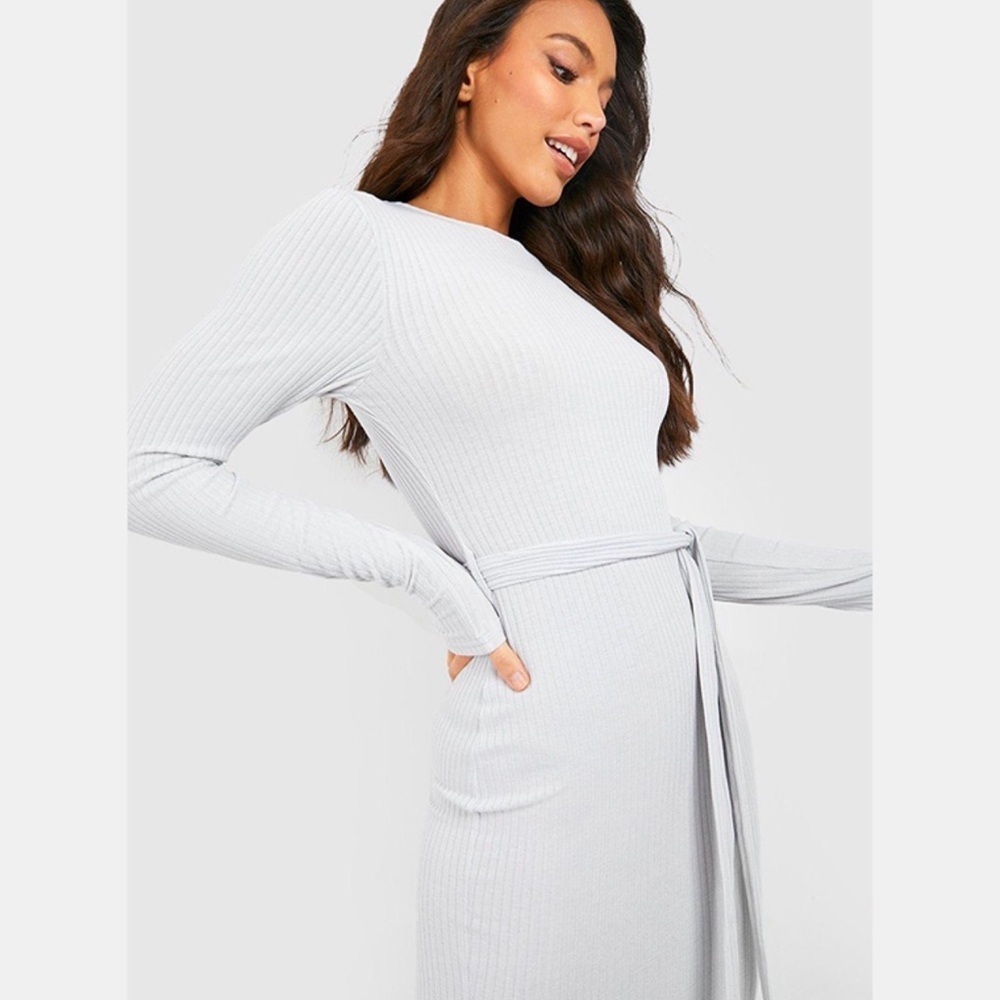 Boohoo womens soft rib tie waist midaxi gray Dress size 12 NWT